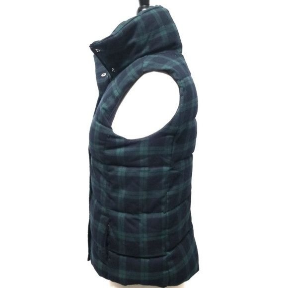 Old Navy Midnight Navy Blue & Green Tartan Plaid Thick Puffer Vest Womens Size X - Picture 3 of 8